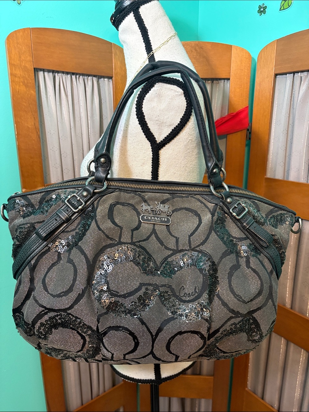 Coach Gray and Black Sequin Heart Tote